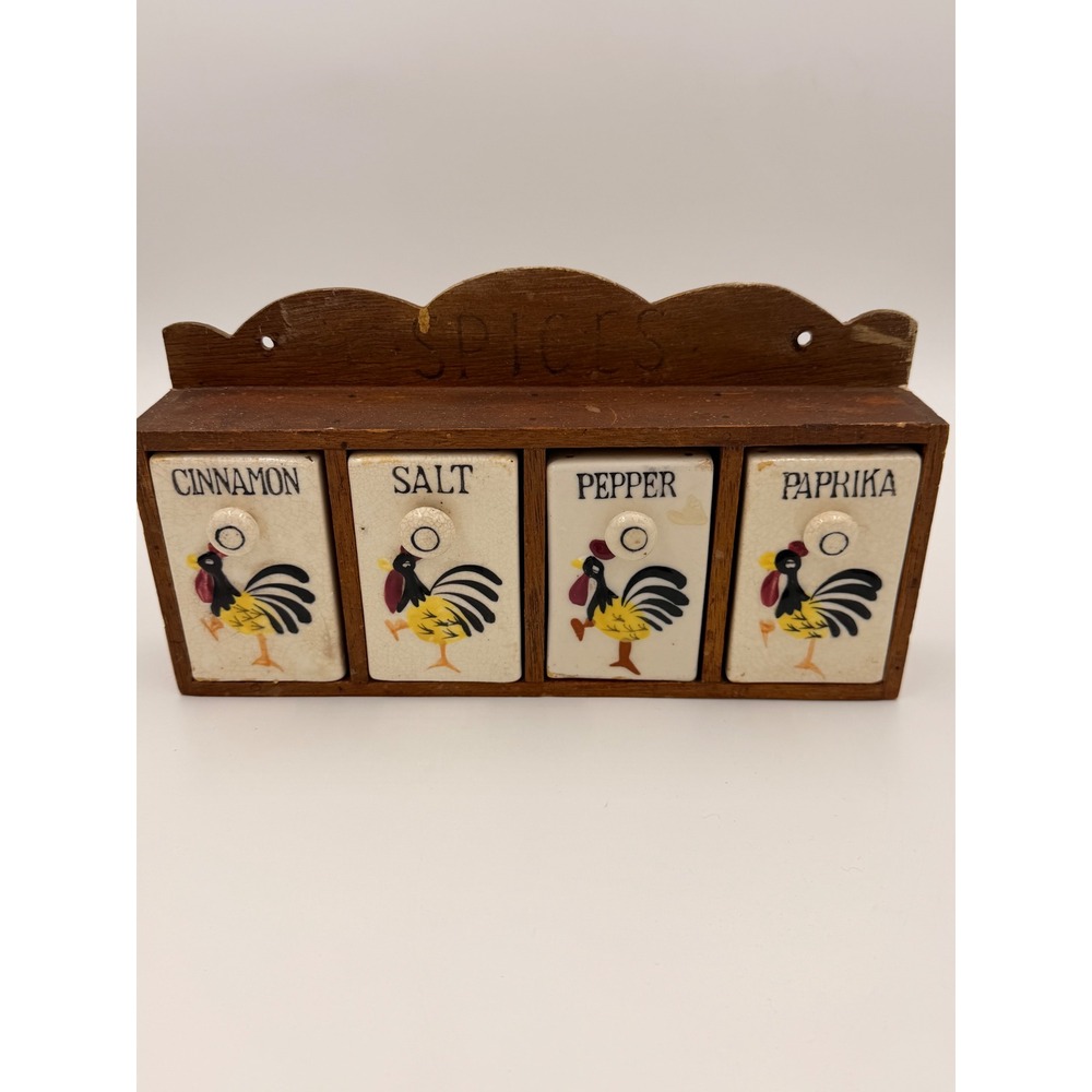 Vintage Rooster Spice Rack Wooden Wall Mount 4 Ceramic Drawers Farmhouse Decor